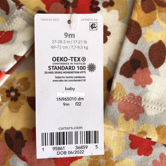 Carter's Baby Girls Long Sleeves Shirt Flowers Leaves Fall Colors Size 9 M - Picture 3 of 8